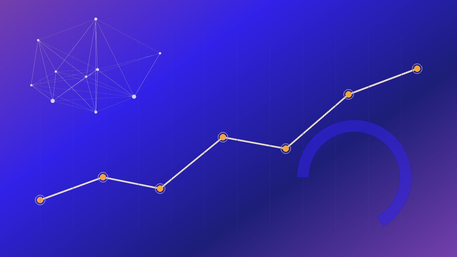 Linha de tendência ascendente com pontos de dados sobre fundo azul, representando analytics em tempo real